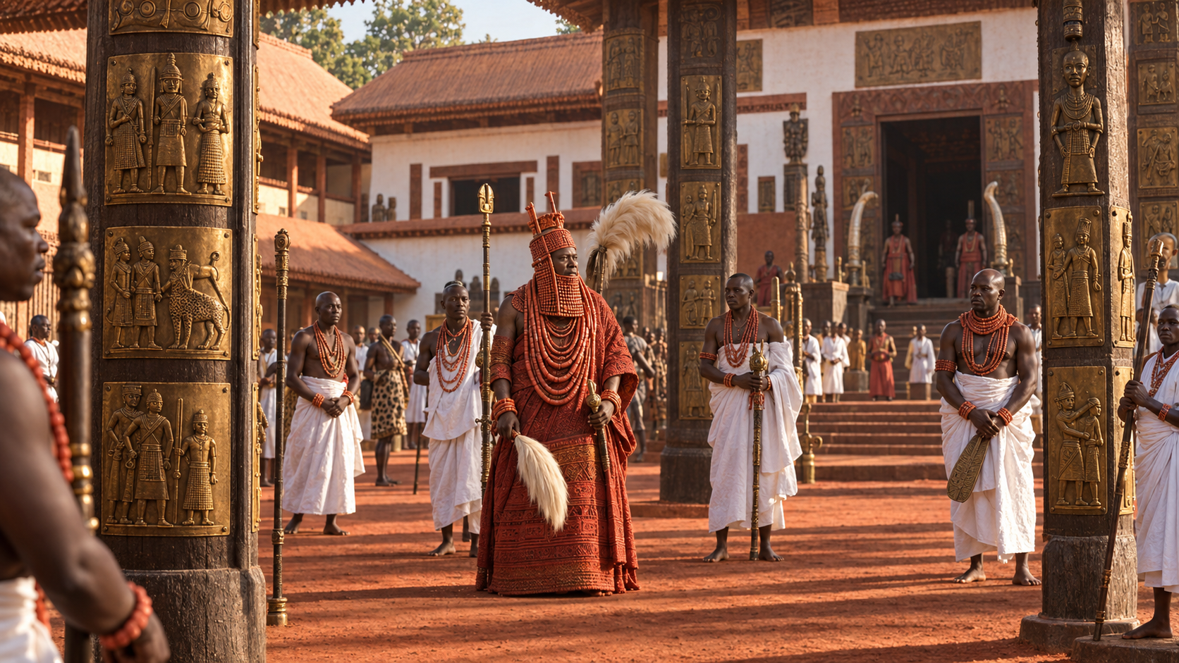 Royal court in the Kingdom of Benin with brass plaques displayed on palace pillars