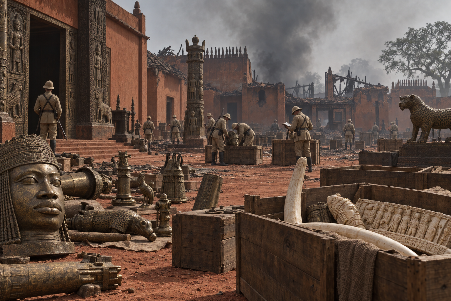Somber historical reconstruction of objects being removed from the Benin royal palace after the British occupation of 1897