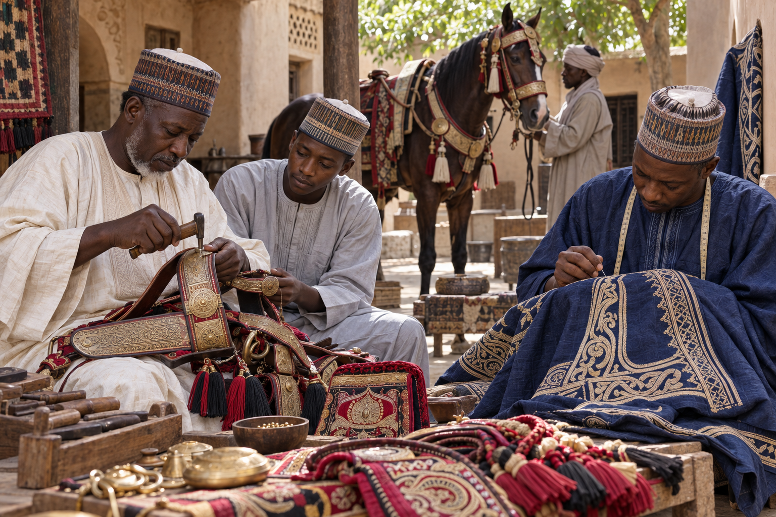 Kano artisans making leather horse regalia and embroidering an indigo robe for Durbar