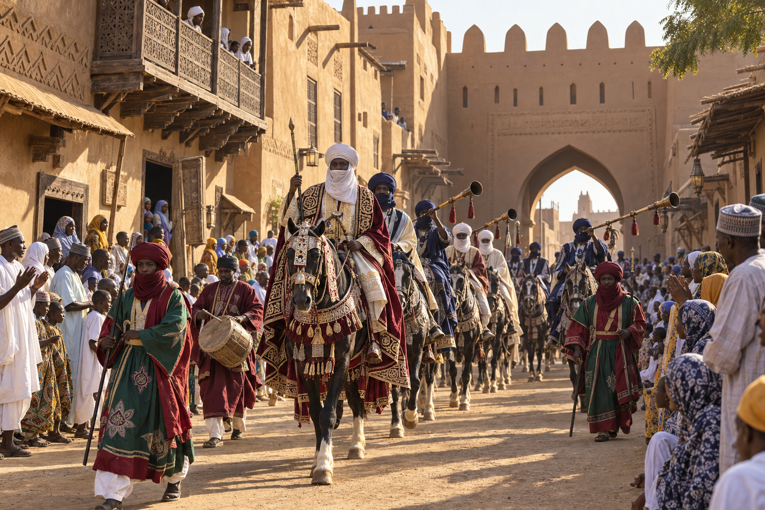 Kano Durbar procession passing through an old city quarter with musicians and watching families