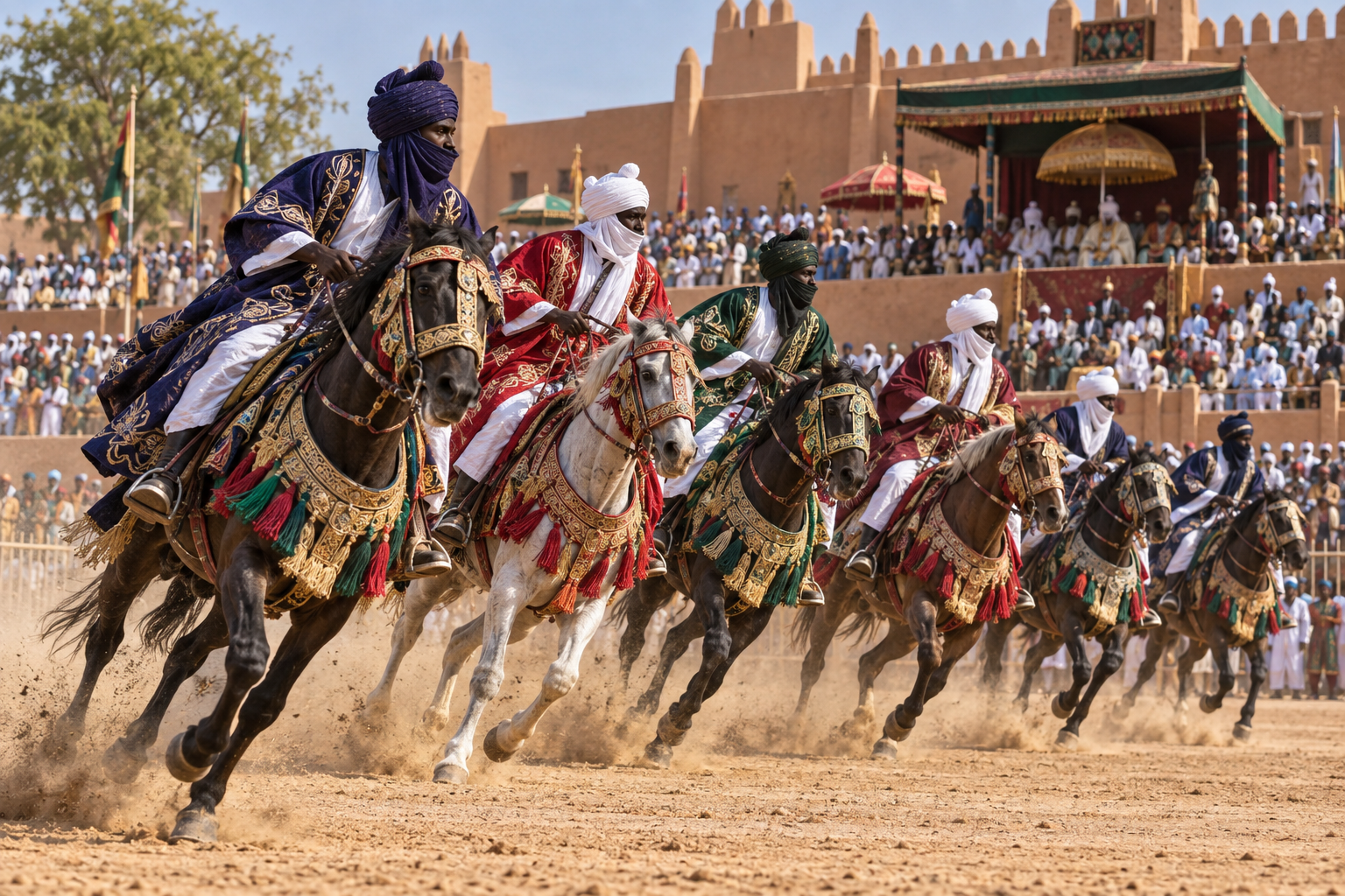 Kano Durbar horsemen performing the Jahi cavalry salute in embroidered robes