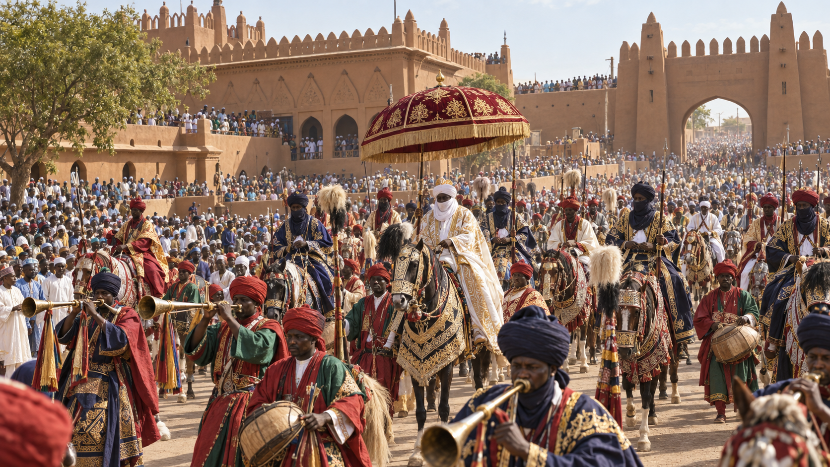 Kano Durbar royal procession with decorated horses, kakaki trumpeters and crowds outside the palace