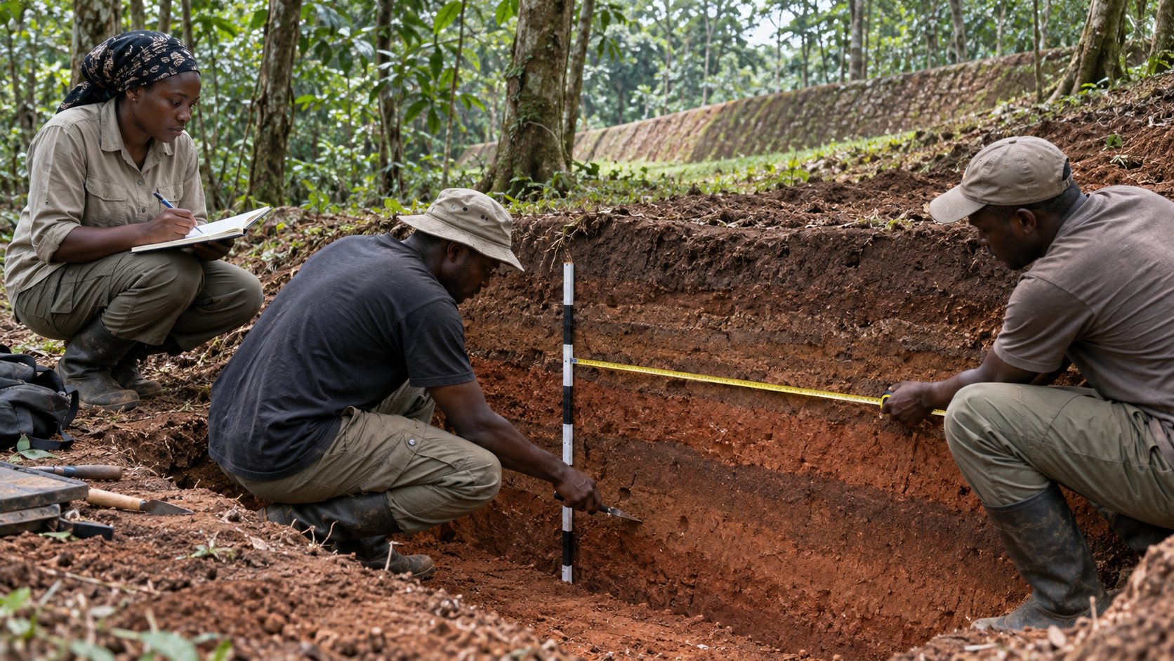 Archaeologists examining soil layers at Sungbo's Eredo in southwestern Nigeria.