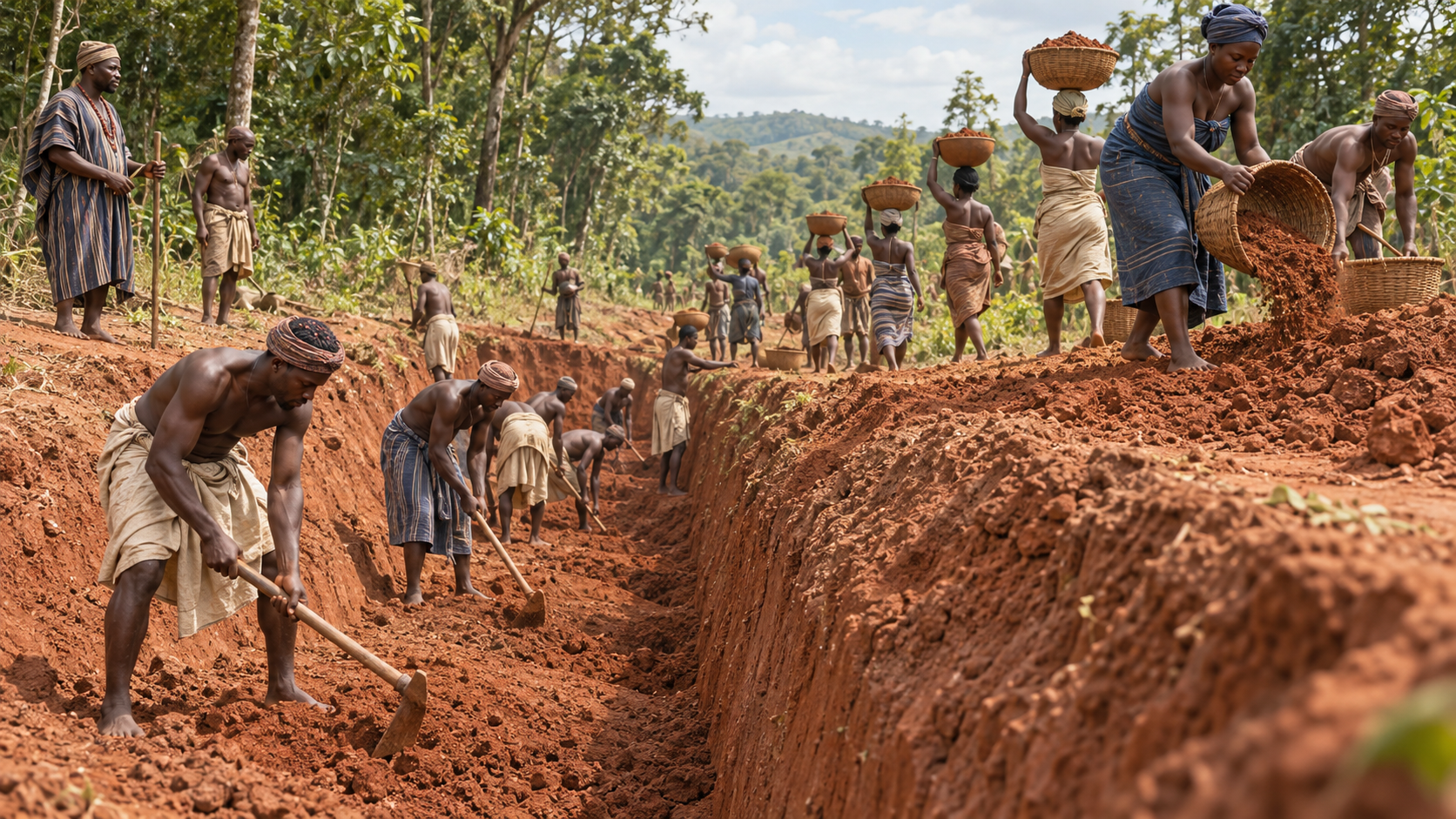 Historical interpretation of Ijebu workers constructing a ditch-and-bank earthwork.