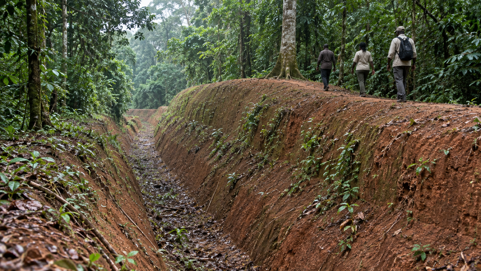 Sungbo's Eredo earthwork near Ijebu-Ode, showing the ditch and embankment through the forest.